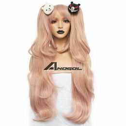 Danganronpa Junko Enoshima Cosplay Wig Long Pink Wigs +Bear Hairpins Costume Set