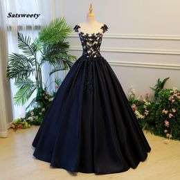 Dark Navy Blue Embroidery Prom Dresses Crystal Beaded Long Prom Gowns Abiye Plus Size Puffy Ball Gowns Vestido Longo