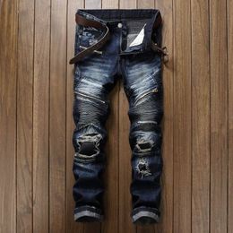 Men's high quality distressed ripped creased jeans long slim designer pants with holes size 28-40 free shipping