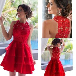 Red Organza Mini Short Homecoming Dresses Sexy Illusion Jewel Applique Lace Cocktail Party Gowns Knee Length Simple Cheap Prom Dress