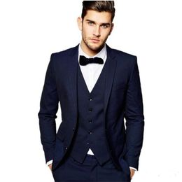 New Trendy Design Two Buttons Navy Blue Groom Tuxedos Groomsmen Notch Lapel Best Man Suits Mens Wedding Suits (Jacket+Pants+Vest+Tie) 1011