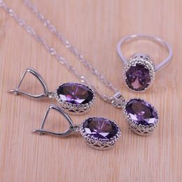 Top Quality Exquisite Purple 925 Sterling Silver Women Wedding Necklace Earring Ring Zircon Crystal Costume Jewellery Sets