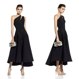 2020 Simple Black Evening Dresses One Shoulder A Line Tea Length Custom Made Cocktail Party Dress Cheap Prom Gowns