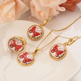 Perspective butterfly Red pattern Never wear out Pendant Chain Necklaces Earrings ring Fine Gold Filled CZ PNG Set New gift