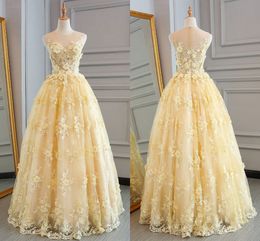 Yellow Hand Made Flowers Lace Prom Gowns Long Formal Dress Sheer Neckline Hollow Back Zipper Princess Evening Mother Of The Bride Dress