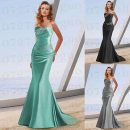 Grey Sexy Mermaid Bridesmaid Dresses Sweetheart Beaded Ruched Soft Satin Lace Up Back Court Train Cheap Custom Made Plus Size Wedding Guest