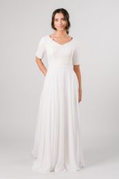 2020 New A-line Chiffon Modest Wedding Dresses With Short Sleeves V Neck Beaded Lace Appliques Modest Summer LDS Bridal Gowns