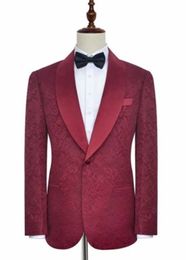 Real Picture Popular Burgundy Paisley Groom Tuxedos Side Vent Shawl Lapel Men Coat Trousers Set Party Suits (Jacket+Pants+Bow Tie) W118