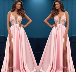 2019 New Arrival Pink Evening Dress Sexy With Slit Appliques Holiday Women Wear Formal Party Prom Gown Custom Made Plus Size