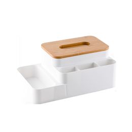 Multifunction Bamboo Cover Napkin Holder Plastic Tissue Box Storage Container Desk Organiser for Home Office White Grey Black
