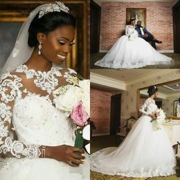 Vestidos De Novia Arabic Plus Size Black Girls Wedding Dresses Appliques Lace Sheer Jewel Neck Long Sleeve Princess Puffy Ball Gown AL4463
