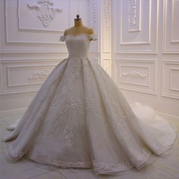 -Luxus Bling Ballkleid Brautkleider aus Schulter Cathedral Royal Train Glänzend Kristall Strass Steine ​​Pailletten Perlen Bridal Vestidos