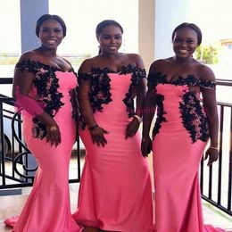 South Africa Plus Size Bridesmaid Dresses Black Appliques Off The Shoulder Mermaid Wedding Guest Dress Cheap Maid Of Honour Gowns Satin