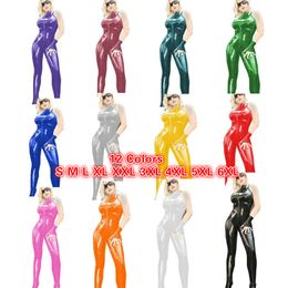S-6XL Sleeveless Zipper PVC Catsuit Turtleneck Wetlook Jumpsuit Women Skinny Bodysuit Cosplay Costume Novelty Dancing Clubwear