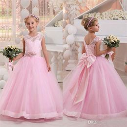 New Tulle Flower Girl's Dresses Lace Applique Ruched Bow Sash Low Back Floor Length Girl's Birthday Party Pageant Dress