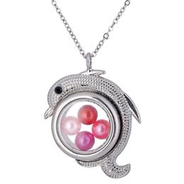 K1492 Silver Dolphins Pearl Beads Cage Magnetic Glass Floating Locket Pendants Women Memory Photo Charms Necklace