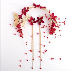 New Chinese bride red headdress hair band earrings with accessories crystal wedding headband toast clothing hair accessories