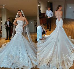 New Arrival Sexy Mermaid Wedding Dresses Strapless Sleeveless Bridal Gowns Tulle Appliqued Backless Bandage Court Train Vestidos De Novia