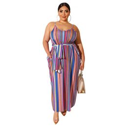 Striped Sexy Plus Size Dress Women Spaghetti Strap Backless Boho Beach Dress Summer Scoop Neck Sleeveless Sashes Maxi Dress