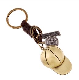 New Baseball Cap Retro Woven Leather Keychain Copper Plated Vintage Pendant for Lovers' Couple Men Women Gifts Jewellery