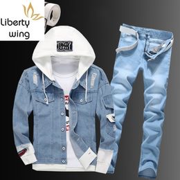 Casual Men's Tracksuits Hooded Cowboy Jacket Zipper Jeans Two Piece Set Plus Size Street Single Breasted Hole Ripped Blue Denim Coat Suit