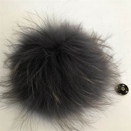 15cm/6"-Dark Grey Soft Real Genuine Raccoon Fur Pompom Ball W Button On Hat Bag Charm Key Chain Keyring DIY Accessories