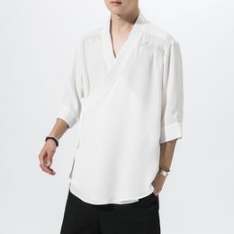 #0578 Summer Black White Kimono Jacket Men V Neck Streetwear Cardigan Hip Hop Coat Mens Embroidery Clothes Loose Plus Size 5XL