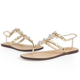 Hot Sale-Bling Woman Sandals Women Shoes Rhinestones Chains Thong Gladiator Flat Sandals Crystal Chaussure Plus Size 46 Tenis Feminino