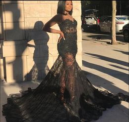 Black Girl Long Sleeve Mermaid Prom Dresses 2019 New Lace Applique Beading Sweep Strain Illusion Scoop Neck Formal Evening Dress Party Gowns