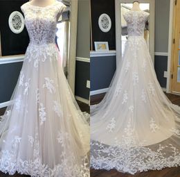 tulle a line wedding dresses jewel neck illusion lace appliques bridal gowns summer beach wedding dress