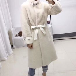 2019 winter real fur coat sheep fur jacket women harajuku sheep shearing with belt stand collar parkas wool overcoat outwear