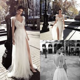 Berta Bohemian vestidos de noiva v pescoço alta Dividir Low Back Lace corpete Spaghetti robe de mariée casamento de praia 2019 vestidos de noiva baratos