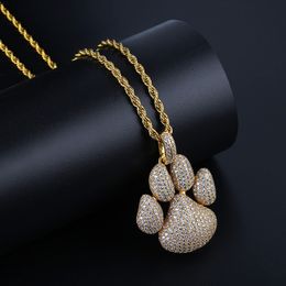 Personalised 18K Gold Plated Full Cubic Zirconia Cute Dog Footprints Pendant Necklace Twist Chain Hip Hop Jewellery Gifts for Boys and Girls