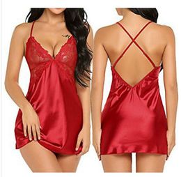 XXL Women Sexy Lingerie Fashion Silk Dress Set Imitation Silk V Neck Sling Pyjamas Lingerie Sexy Backless Sleepwear Nightwear