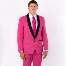 2019 New Groomsmen Wedding Tuxedos Shawl Black Lapel Groom Wear Suit Pink Mens Designer Blazer (Jacket+Pants)