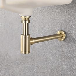 High Quality Brass Body Basin Wast Drain Wall Connexion Plumbing P-traps Wash Pipe Bathroom Sink Trap Black/Brushed Gold/Chrome