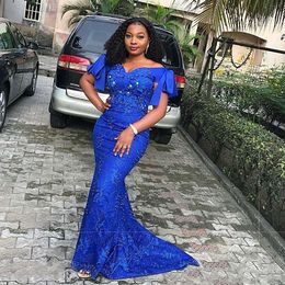 South African Royal Blue Mermaid Evening Dresses Off Shoulder Lace Appliques Beaded Sweep Train Plus Size Prom Evening Gowns