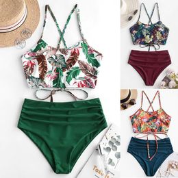 sexy snakeskin Women's Bohemian Flower Swimsuit Summer Polyester Bikini Set High Waist Wire Free Swimwear Print Green Swimsuit#3 Women swim