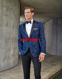 Fashion Men Wedding Tuxedos Blue/Black Jacquard Groom Tuxedos Shawl Lapel Men Blazer 2 Piece Suit Prom/Dinner Jacket(Jacket+Pants+Tie) 2662