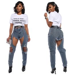 New Plus Size 2XL Ripped Jeans Womens Irregular Ripped Hole Denim Jeans Women High Waist Pants Overalls Female Torn Trousers