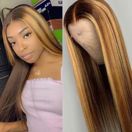 Ombre Highlight Wig Brown Honey Blonde Coloured HD Whole Lace Front Human Hair Wigs Straight Full 360 Frontal Wiges Remy Diva1