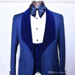 Latest Design One Button Blue Groom Tuxedos Shawl Lapel Groomsmen Best Man Mens Wedding Suits (Jacket+Pants+Vest+Tie) D:298