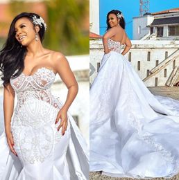 Lima Brew New Wedding Dresses South African Plus Size Luxury Mermaid Bridal Gowns Sweetheart Appliqued Beaded With Detachable Skirt BC2232