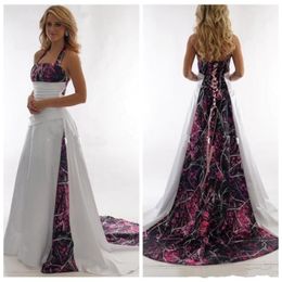 Elegant Halter Camo A Line Wedding Dresses Satin Ruched Sweep Train Bridal Wedding Gowns With Lace Up BC3340