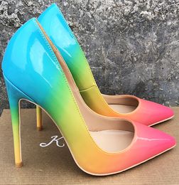 Casual Designer Sexy Lady Fashion Women Shoes Multi Colour Patent Leather Pointy Toe Stiletto Stripper High Heels Zapatos Mujer Prom Evening pumps Large size 44 12cm