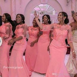 2019 Cheap Coral Bridesmaid Dress Wedding Ceremony Mermaid Long Nigerian Black Girls African Formal Maid of Honour Gown Plus Size Custom Made