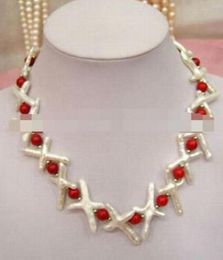 LL <1564 Fashion Jewellery 18 "White Keshi Pearl and Red Coral Necklace