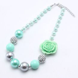 Fashion Spring Colour Girls Beads Necklace With Rose Flower Child Kids Chunky Bubblegum Necklace Handade Jewellery For Gift