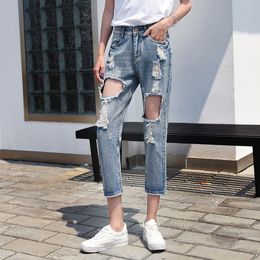 Fashion-Nonis Women Big Holes High Waist No elastic Boyfriend Street wear jeans Girls Ripped Loose Fashion denim pants Light Blue