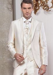 Shinny Ivory Groom Tuxedos Peak Lapel Groomsman Wedding Tuxedos Fashion Men Prom Jacket Blazer 3 Piece Suit(Jacket+Pants+Tie+Vest) 139